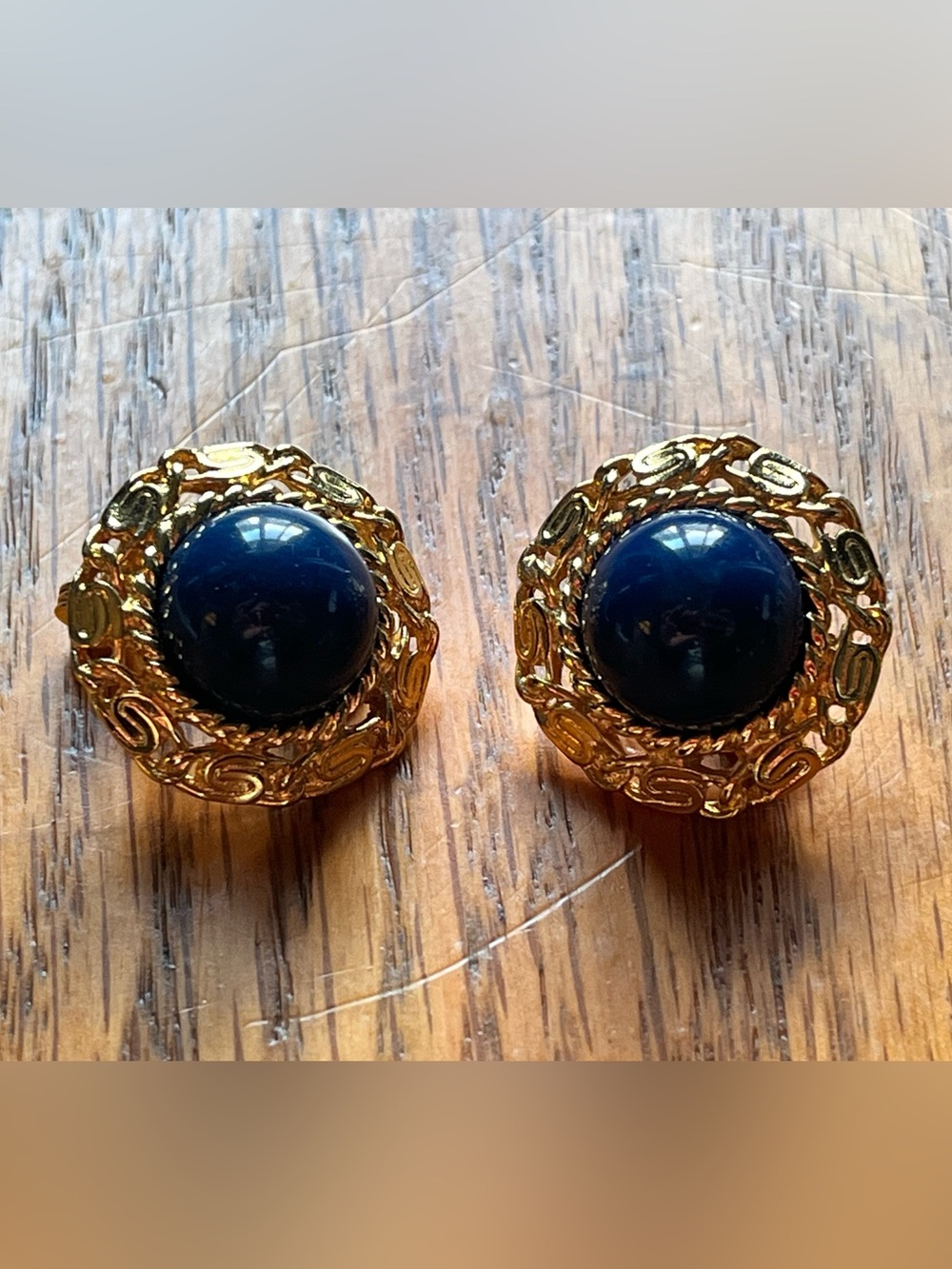 Vintage Monet Clip-on Earrings Navy Blue with Gold Tone Signed Quiet Luxury
